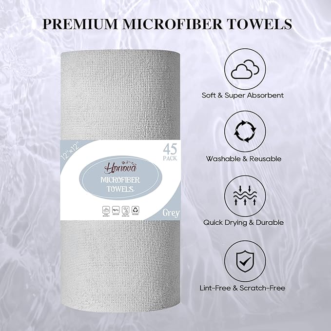 Honova Microfiber Cleaning Cloth Roll-90 Pack, Tear Away Towels，Paper Towel Alternative, 12" x 12"，Reusable, Washable, Scratch Free, Highly Absorbent Dish Rags for Car, Home, Garage or Shop(Pink&Grey)