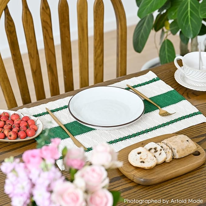 Artoid Mode Dark Green Farmhouse Woven Rustic Placemats Set of 6,12x18 Inch Seasonal Holiday Hollow Table Mats Party Kitchen Dining Decoration