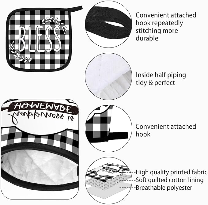 5 Pieces Buffalo Plaid Kitchen Towels Oven Mitts and Pot Holder Set Black and White Kitchen Towels Oven Gloves, Hot Pads Pot Holders for Farm House Accessories Decor(Heart)
