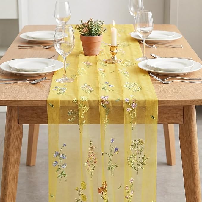 Artoid Mode Wildflower Floral Yellow Gauze Embroidery Table Runner 120 Inch 10FT, Tulle Seasonal Spring Kitchen Dining Table Decor for Home Party