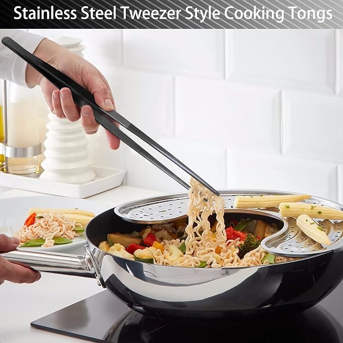 JETKONG 4 Pcs Kitchen Tweezers Professional Stainless Steel Cooking Tweezers Set, Black Kitchen Food Tweezer Tongs for Cooking, Repairing, and BBQ (10+12-Inch, Black)