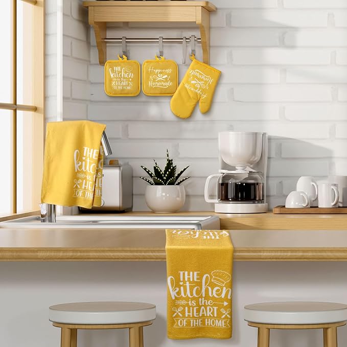 Sratte 6 Pcs Kitchen Decor Accessories Set Farmhouse Towels Pot Holders Oven Mitts Set 2 Dish Towels 2 Potholders 2 Cooking Mittens Oven Glove for Christmas Baking Cooking Supply(Yellow,Kitchen)