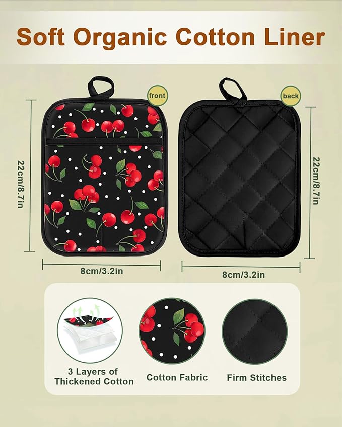 Swooflia 100% Cotton Pot Holders 2 Pack Set for Kitchen with Pockets - Cute 440°F Heat Resistant Oven Hot Pads Heavy Duty for Countertop Home Cooking Baking Microwave BBQ Cherry