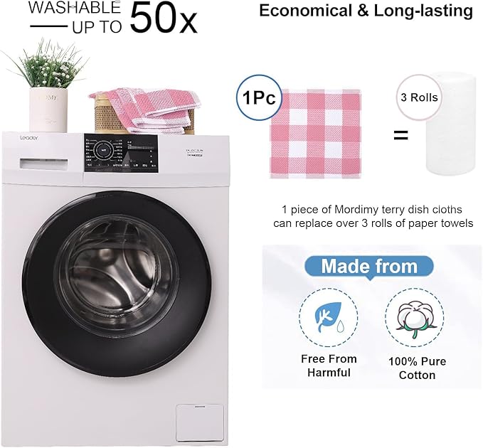 Mordimy 100% Cotton Waffle Weave Plaid Dish Cloths, 12 x 12 Inches, Super Soft and Absorbent Quick Drying Buffalo Check Dish Rags for Kitchen, 6-Pack, Pink