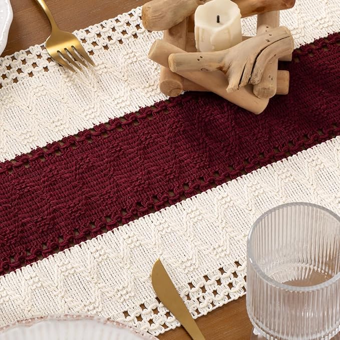 DeZerlor Boho Macrame Table Runner Spring Easter Farmhouse Woven Table Runner with Tassels 108 Inches Ivory& Burgundy Red Cotton Linen Kitchen Table Decor for Dining Dresser Home Tea Table Decor