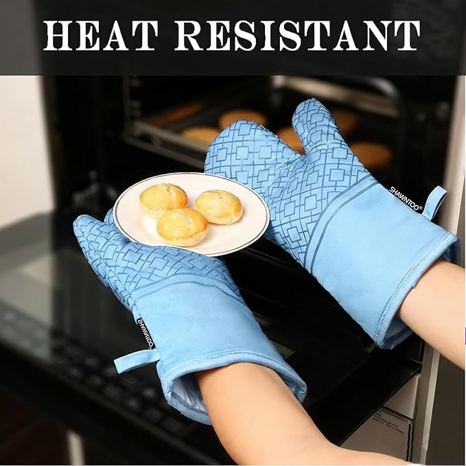 Oven Mitts and Pot Holders Sets 6pcs, Kitchen Oven Glove,High Heat Resistant 550 Degree Extra Long Oven Mitts and Potholders with Non-Slip Silicone Surface for Home Essentials (Grey) (Fog Blue)