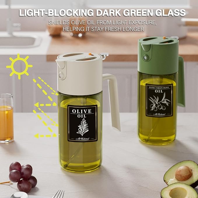 2-IN-1 500ml/17oz Light-Blocking Dark Oil Sprayer for Cooking W/ Stickers, Dark Green Glass Olive Oil Dispenser Bottle for Kitchen, Even Spray with Portion Control, Perfect for Air Fryer, BBQ-White
