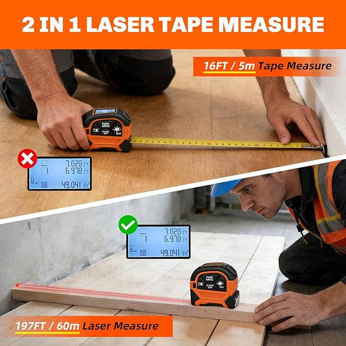 2-in-1 Laser Tape Measure, 197Ft Laser Measuring Tool & 16Ft Measuring Tape with M/in/Ft/Ft+in Units, Magnetic Hook - Pythagorean, Area, Volume, Digital Tape Measure for Woodworking and DIY