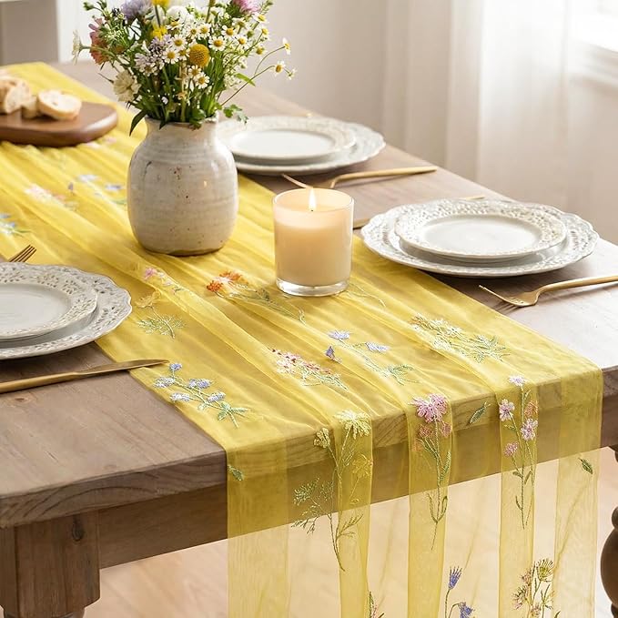 Artoid Mode Wildflower Floral Yellow Gauze Embroidery Table Runner 120 Inch 10FT, Tulle Seasonal Spring Kitchen Dining Table Decor for Home Party