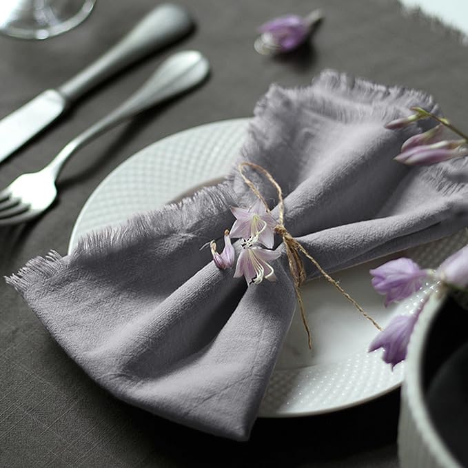 Handmade Cloth Napkins 100% Cotton Napkins with Fringe，Delicate Handmade Cloth Napkins for Dinners, Parties, Weddings and More，18 x 18 Inch Set of 12 - Grey