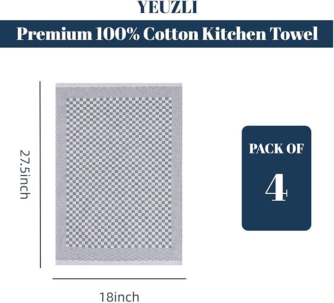 4-Pack Cotton Kitchen Towels - 18 x 27.5 Inch Large Dish Cloths - Checkerboard Design Flat Weave Tea Towels - Highly Absorbent, Lint Free, Non-Shrink & Durable Commercial Grade