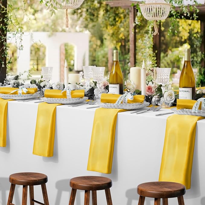 KKJIAF Gold Silky Satin Napkins (12 Pieces, 17x17 Inches),Washable Polyester Square Table Napkins for Wedding Dinner Party Decoration