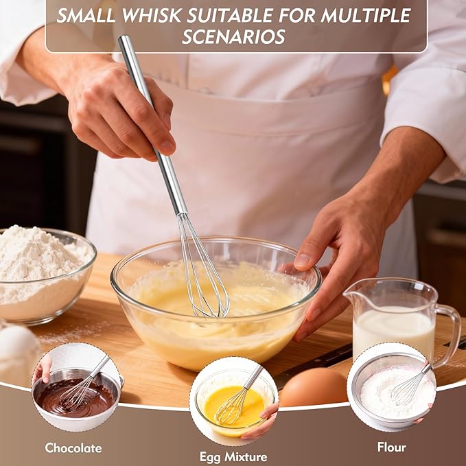 10 Inch Mini Whisk, 304 Anti-Rust Stainless Steel Small Whisks for Cooking, Baking, Mixing Ingredients & Deep Containers (1 Piece)