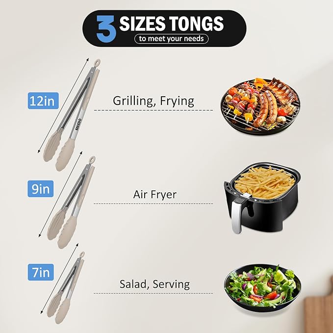 Kitchen Tongs, Stainless Steel Cooking Tongs with Silicone Tips, 600ºF High Heat-Resistant Non Scratch Locking Tongs for Cooking BBQ Grilling Air Fryer Pans, Set of 3 (7" 9" and 12") Beige