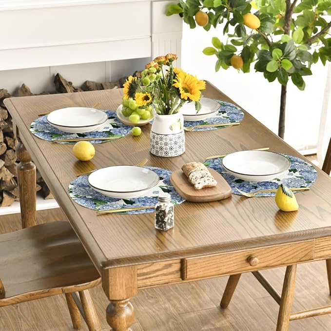 Artoid Mode Watercolor Hydrangea Summer Round Placemats Set of 4, 14 Inch Summer Round Table Mats for Dining Decoration
