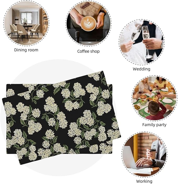 Black Placemats Set of 4 Green Hydrangea Flower Decor Place Mats 12x18 Inch Vintage Floral Spring Summer Seasonal Decorative Linen Table Mats for Kitchen Dining Party Table Decoration