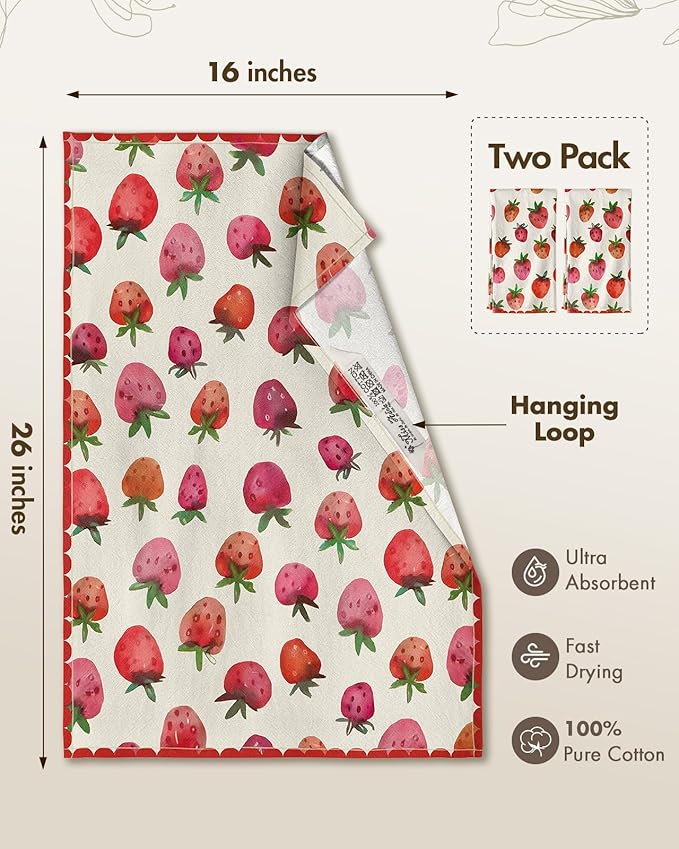 Miss Adola Flour Sack Kitchen Towels - Set of 2 Cotton Dish Towels with Hanging Loop Decorative 18x26 Inch Absorbent Cute Design for Housewarming Gifts, Strawberry