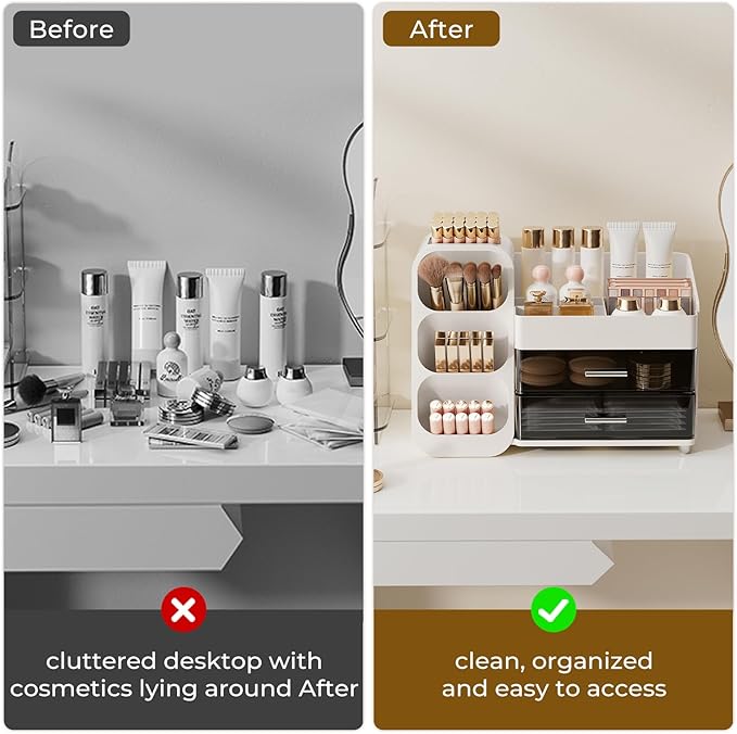 Makeup Organizer for Vanity with Brush Holder, Large Plastic Bathroom Countertop Skincare Organizer with 2 Drawers, Spacious Cosmetic Display Case for Perfumes, Eyeshadow Palettes, Nail Polishes