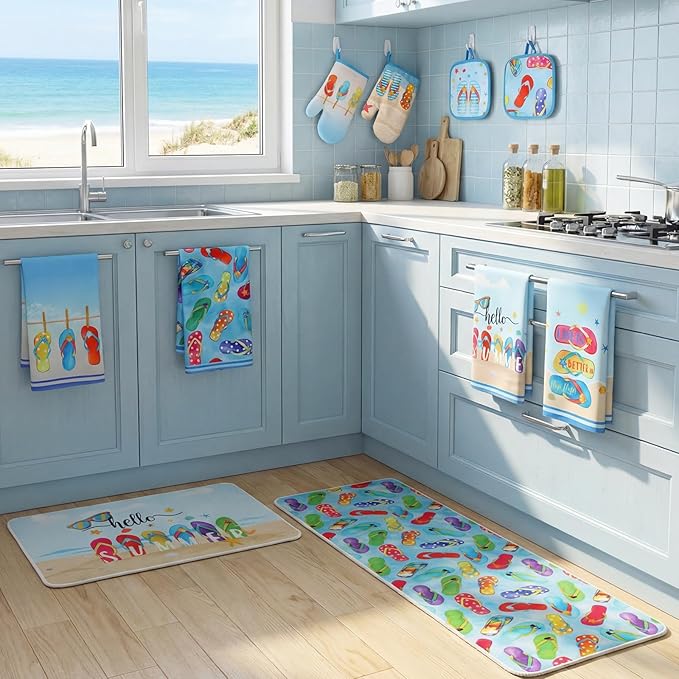 VitalCozy Set of 10 Summer Flip Flops Kitchen Decor and Accessories Beach Kitchen Towels Rugs Oven Mitts and Pot Holders Kit Hand Towels for Baking Cooking BBQ