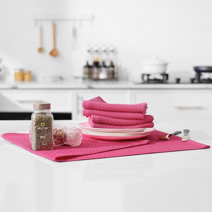 Kitinjoy 100% Cotton Waffle Weave Kitchen Hand Towels (13 X 28 Inches,Hot Pink), 12-Pack Super Soft and Absorbent Dish Towel for Drying Dishes
