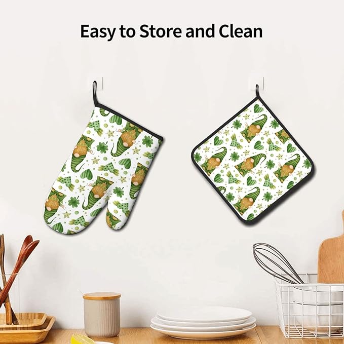 St. Patrick's Day Gnome Oven Mitts and Pot Holders Heat Resistant Oven Mitts Safe for Baking Cooking BBQ