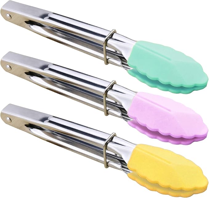 HINMAY Mini Tongs with Silicone Tips 7-Inch Small Serving Tongs, Set of 3 (Pink Mint Yellow)