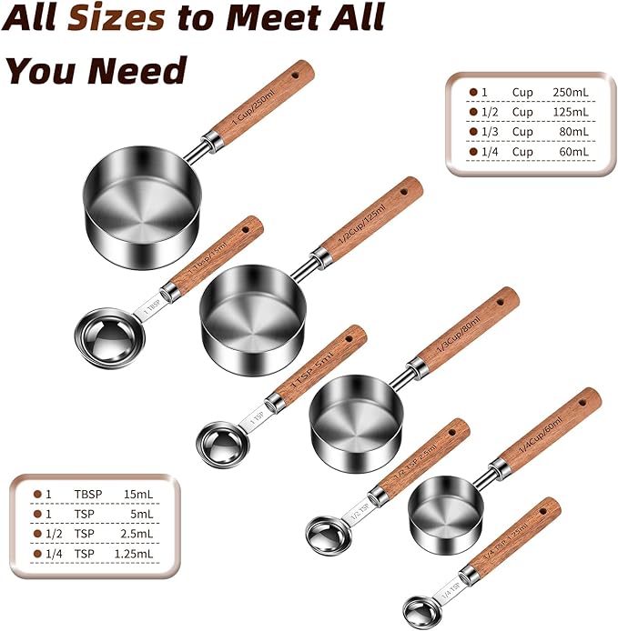 Wooden Handle Measuring Cups and Spoons Set 304 Stainless Steel Metric and US Measurements, Stackable Cups and Spoons, Fits for Measuring Dry and Liquid Ingredients