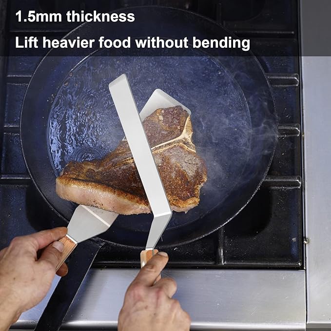 Metal Spatula Set of 2, HaSteeL 12In Long Stainless Steel Griddle Spatula, Heavy Duty Narrow Pancake Flipper Burger Turner for Teppanyaki Flat Top Hibachi Indoor Outdoor, Wooden Handle & Easy to Clean