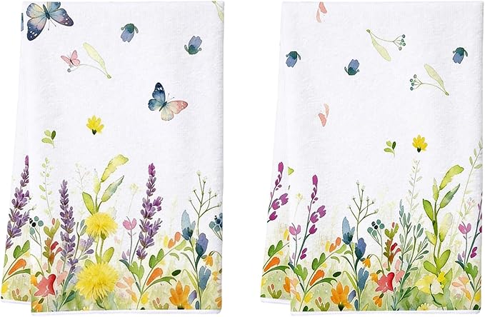 Spring Wildflower Kitchen Towels Set of 2-16×24in Floral Dish Towels, Super Absorbent & Quick Dry Hand Towels for Kitchen Bathroom Home Easter Mother‘s Day Gifts