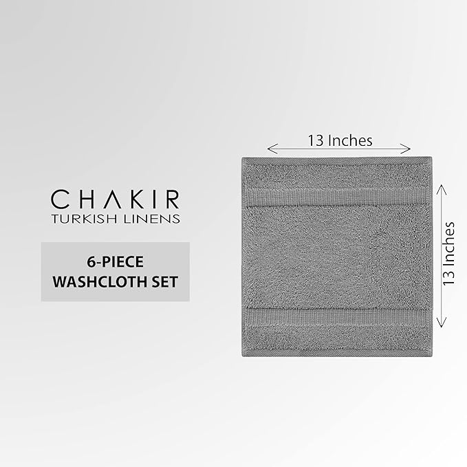 Chakir Turkish Linens 100% Cotton Premium Turkish Towels for Bathroom | 13'' x 13'' (6-Piece Washcloth, Gray)