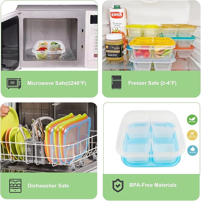 Finorder 6 Pack 4-Compartment Food Containers, Reusable Snack Containers for Kids Adults School Work Picnic Trip, Lunch Bento Box Meal Prep Containers (Dark Color Set)