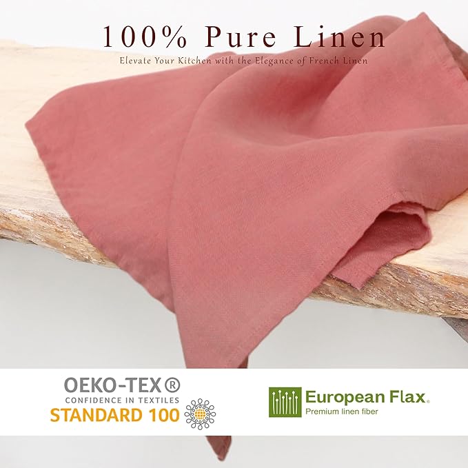 100% Linen Tea Towels - 14 x 28 Inch Pure French Linen Kitchen Dish and Hand Towels (Set of 4) (Pink)