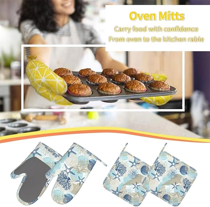 Nautical Coastal Oven Mitts Pot Holders Cooking Apron Set of 5 Silicone Starfish Seashell Coral Algae Beach Themed Blue Kitchen Glove Apron Non-Slip Heat Resistant for Chef Baking Cooking