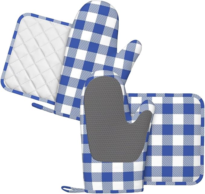 Blue and White Buffalo Plaid Oven Mitts and Pot Holders Set, 4pcs Blue and White Checkered Silicone Oven Glove for Kitchen Heat Resistant Oven Mitts and Potholders Non-Slip for Cooking