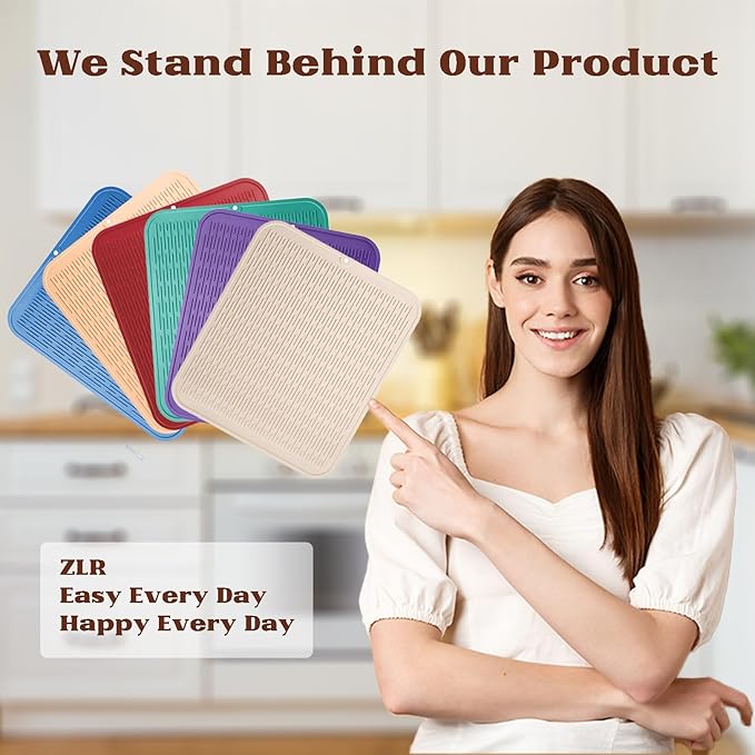 ZLR Large Silicone Dish Drying Mat (16" x 18") - XL Heavy Duty Drainboard Mat for Pots, Pans & Family Loads - Heat Resistant Trivet & Counter Protector, Easy Clean (Coffee)