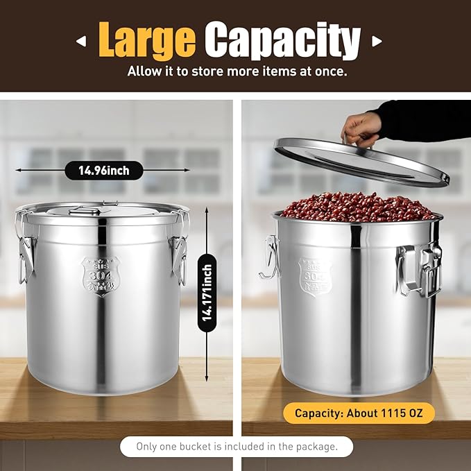 304 Stainless Steel Airtight Canister for Kitchen, Bucket Canisters,Cereal Container with Airtight Lid and Handles,Rice Cereal Grain Storage Canisters for Household (33L/ 8.71Ga)