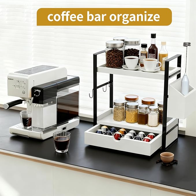 2-Tired Bathroom Counter Organizers and Storage, Bathroom Countertop Organizer with Drawer, Solid Wood Skincare Perfume Organizer for Vanity Kitchen Corner Shelf Office Countertop (White)