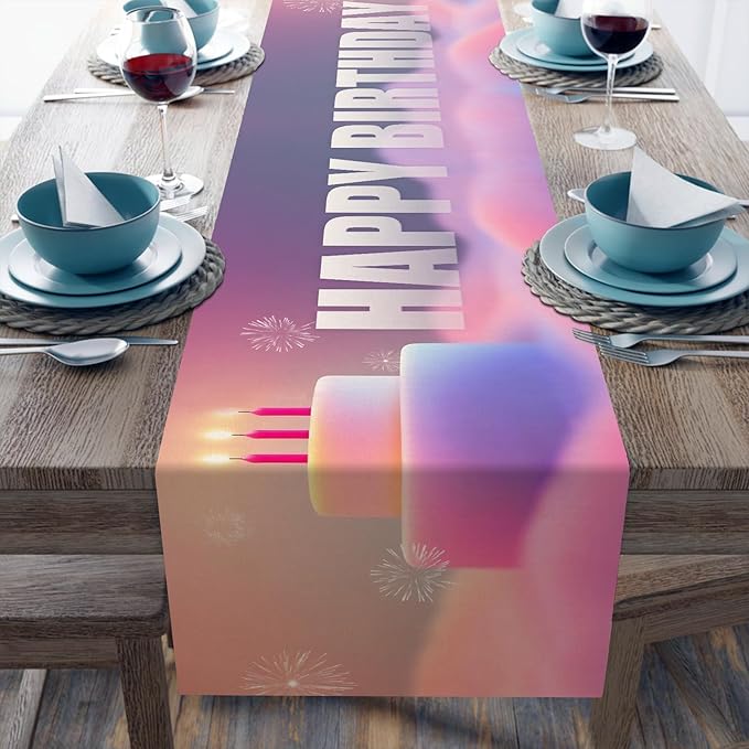 Happy Birthday Table Runner 13x72 Inch Birthday Cake Fireworks Clouds Farmhouse Polyester Linen Table Decoration for Kitchen Dinning, Indoor Outdoor Home Dinner Party (Pink)