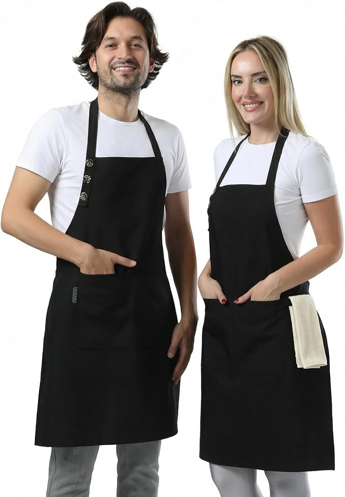 TOSHE Kitchen Apron Waterdrop Resistant Cotton Apron with adjustable Aprons for Women with Pockets Cooking Apron (2 Pack - Black)