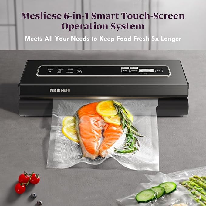 Vacuum Sealer Machine, Mesliese 90Kpa Powerful 6-in-1 Precision Compact Vacuum Food Preservation System with Cutter, 2 Bag Rolls & 5 Pre-cut Bags, Dry&Moist Modes Smart Suction, ETL Listed (Dark Gray)