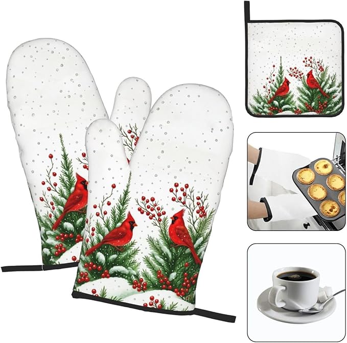 Red Cardinal Christmas Pot Holders and Oven Mitts Set, Christmas Holiday Oven Gloves Hot Pads for Baking Cooking Grilling BBQ, Cardinal Holiday Decor & Gifts for Women Baker Chef ﻿