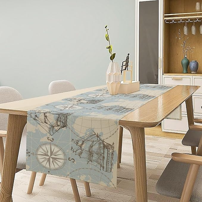 Nautical Table Runner Vintage Map Sailboat Art Printed Runner for Home Kitchen Dining Table Living Room Decor Fabric 1 Panel W13xL60in