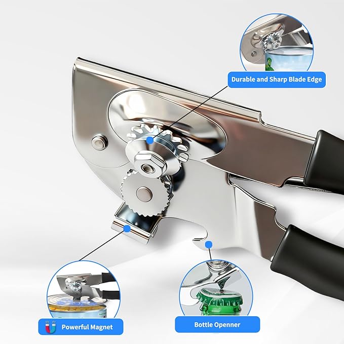 Heavy Duty Manual Can Opener with Magnet, Smooth Edge, Extra Long Non-Slip Handle, Easy Turn Large Knob for Seniors, Arthritis, Weak Hands, Kitchen & Camping