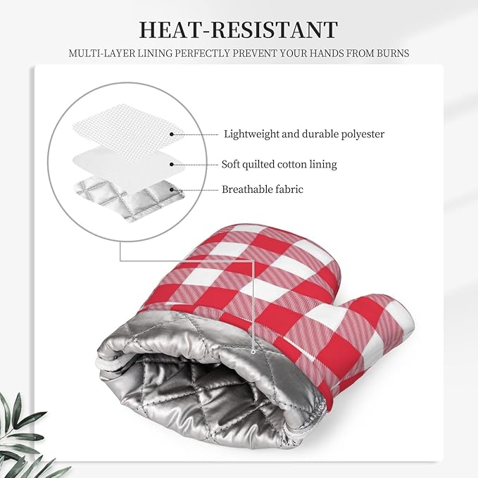 Red and White Checkered Oven Mitts and Pot Holders Set, 4pcs Red and White Plaid Silicone Oven Glove for Kitchen Heat Resistant Oven Mitts and Potholders Non-Slip for Cooking