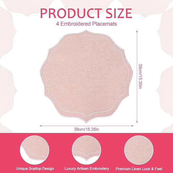 Set of 4 Cotton Linen Placemats, 15x15 Round Scalloped Cloth Table Mats, Embroidery Machine Washable, Wrinkle Resistance Fabric Place Mats for Wedding Summer Baby Shower Party Table Decor-Pink