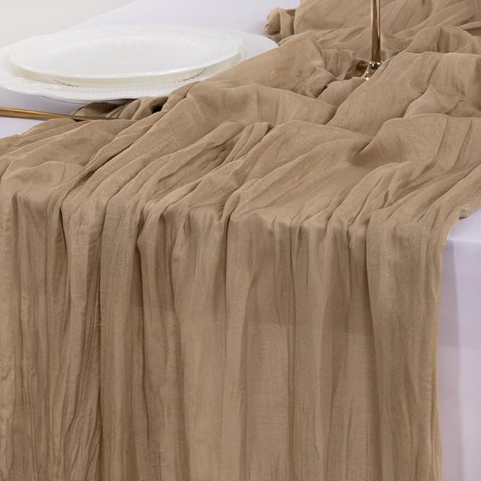 Socomi 15pcs Nude Brown Cheesecloth Table Runner Valentine's Day Boho Rustic Gauze 120 inch 10FT Cheese Cloth Runner for Wedding Party Baby Shower Birthday Home Decor Holiday Decorations