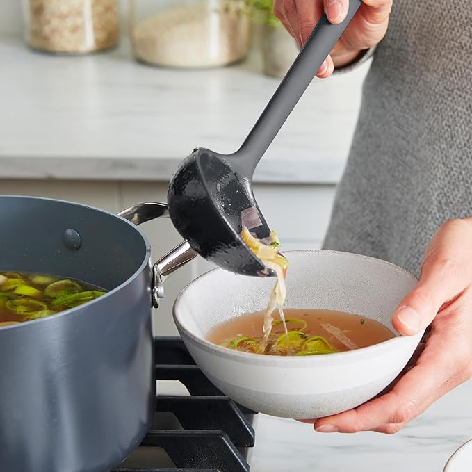 GreenPan Silicone Ladle, Soup Mixing Stirring Serving, Cooking Kitchen Utensil, Flexible Rubber Nonstick Cookware, Rigid Steel Core, Heat-Resistant, Anti-Slip Handle, BPA-Free, Dishwasher Safe, Gray