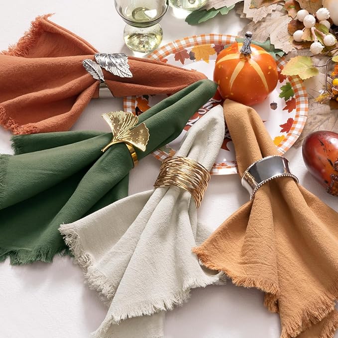 DeZerlor 12 Pack Thanksgiving Color Cotton Linen Napkins with Fringe Fall Napkins Cloth Set of 12 Boho Napkins Handmade Dinner Napkins Bulk for Wedding Thanksgiving Dining Table, 17 x 17
