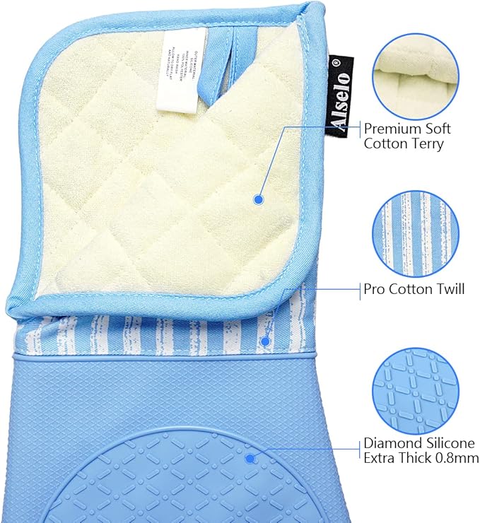 Alselo Silicone Oven Mitts Heat Resistant 932℉ with Waterproof & Non-Slip Kitchen Mittens, Set of 2 Extra Long Oven Gloves with Soft Cotton Terry Lining for Baking Cooking Barbecue (2, Blue Mitts)