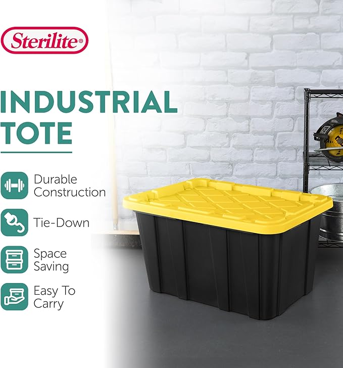 Sterilite 8-Pack 27 Gallon Industrial Storage Tote, Heavy-Duty Plastic Bins, Black/Yellow - Stackable Utility Organizers with Lids for Garage, Camping Tools, and Outdoor Gear